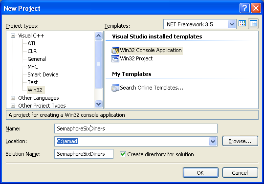 The Six philosophers with six chopsticks example: Creating new Win32 empty console application project in Visual C++ IDE