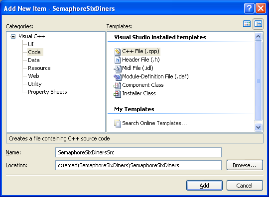 The Six philosophers with Semaphore Program Example: Adding new C++ source file to the existing project