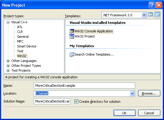 More Critical Section Program Examples: Creating new Win32 C++ empty console application project