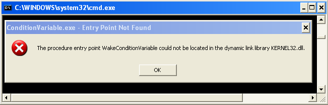 Using Condition Variables Program Example: A sample program output showing an error because this program need to be run on the Windows Vista