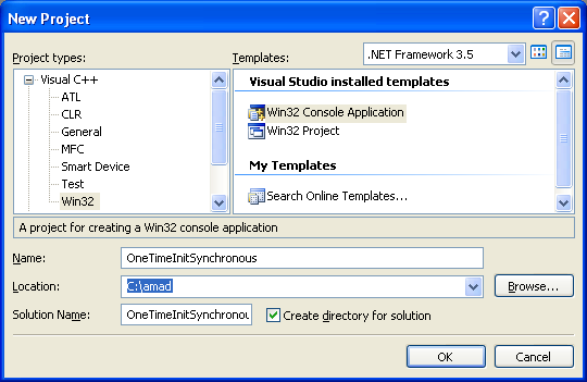 The Synchronous Example: Creating new Win32 empty console application in Visual C++ project