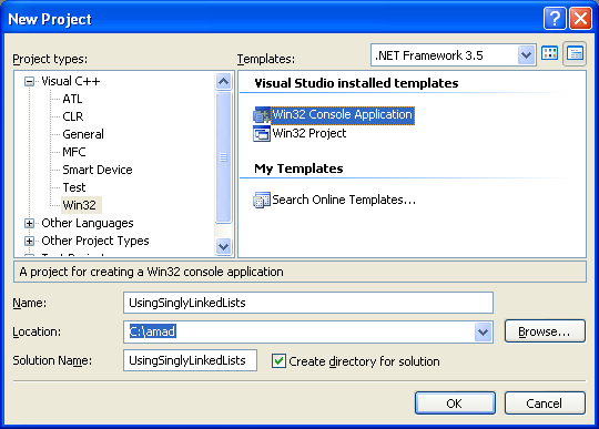 Using Singly Linked Lists Program Example: Creating new Win32 console application project in Visual C++ .NET