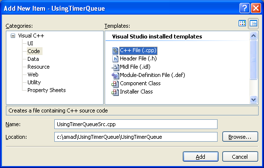 Using Timer Queues Program Example: Adding C++ source file to the project