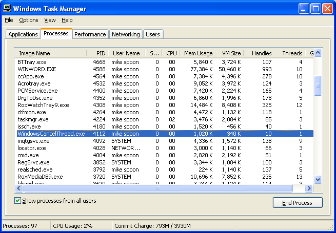 Canceling a Thread Program Example: Task Manager shows a thread still in action