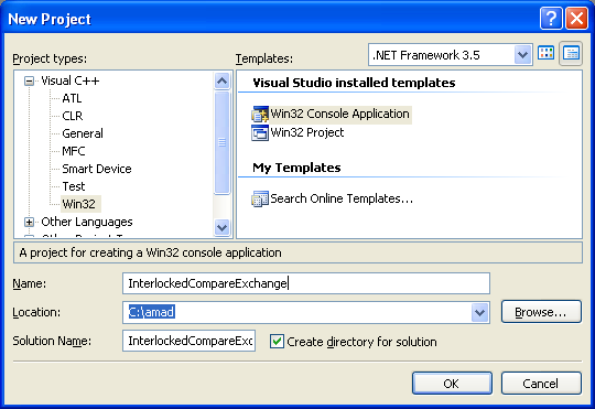 Synchronization with Spinlocks Program Example: Creating new C++ Win32 console application project