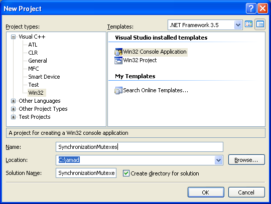 Synchronization Using Mutexes Program Example: Creating another Win32 console application project