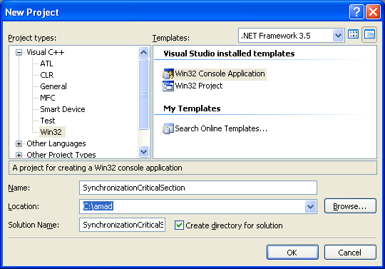 Synchronization with Critical Sections Program Example: Creating new C++ Win32 console application project