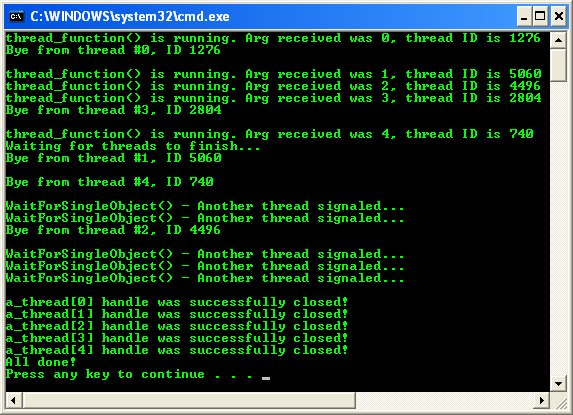 Multiple Threads Example: A sample of console program output in action