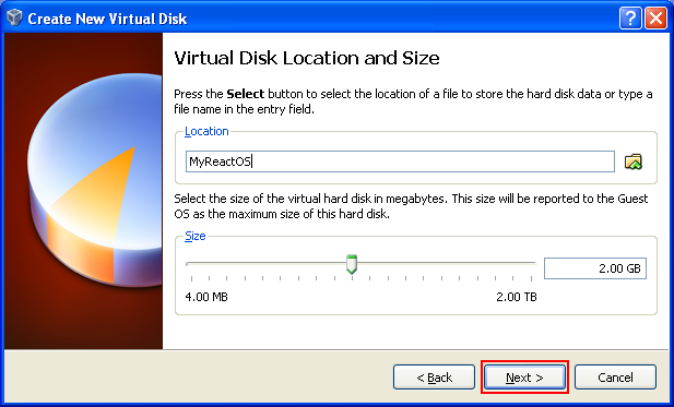 Installing ReactOS 0.3.11 on VirtualBox 3.2.8: virtual disk location and size settings