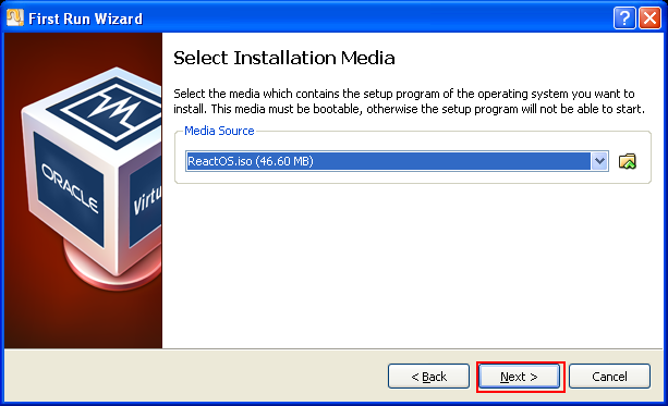 Installing ReactOS 0.3.11 on VirtualBox 3.2.8: The ReactOS installation media was selected