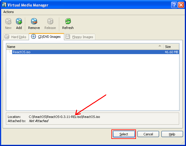 Installing ReactOS 0.3.11 on VirtualBox 3.2.8: The virtual machine gueat OS installation media is visible for selection