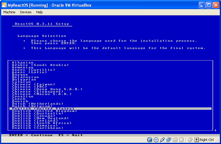 Installing ReactOS 0.3.11 on VirtualBox 3.2.8: Selecting the ReactOS language