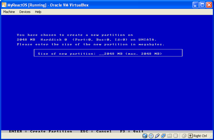 Installing ReactOS 0.3.11 on VirtualBox 3.2.8: Setting the size of the new ReactOS partition