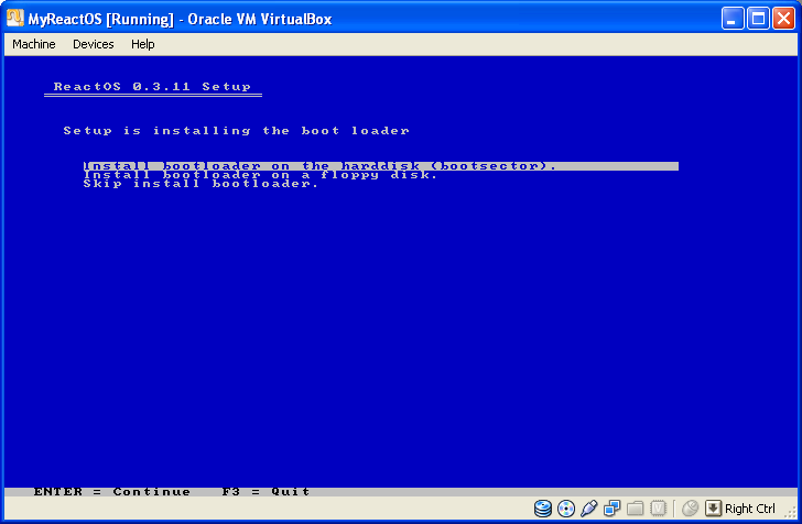 Installing ReactOS 0.3.11 on VirtualBox 3.2.8: Selecting the ReactOS bootloader installation