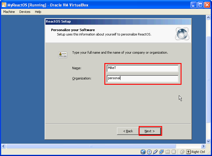 Installing ReactOS 0.3.11 on VirtualBox 3.2.8: Setting the ReactOS OS name and organization