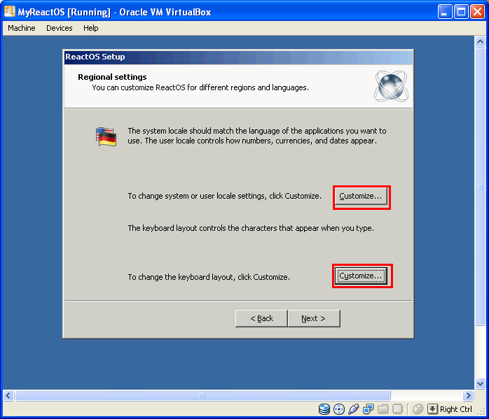 Installing ReactOS 0.3.11 on VirtualBox 3.2.8: The ReactOS system or user locale settings and keyboard layout