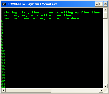 Scrolling a Screen Buffer's Window Example: A sample console program output in action 1