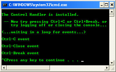 Registering a Control Handler Function Example: A sample console program output in action