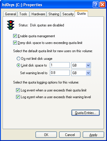 The hard disk Quota settings from disk property page