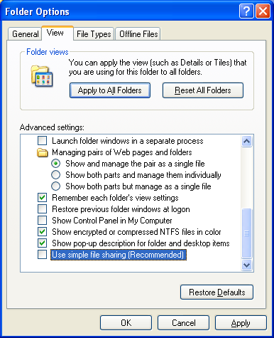 Disabling the Use simple file sharing (Recommended) folder view option