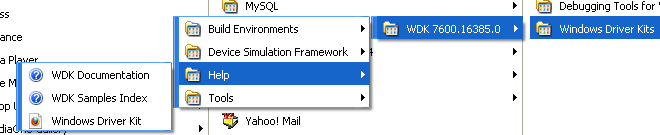 Windows Driver Kits (WDK) install: WDK and Windows Debug Tools start menu