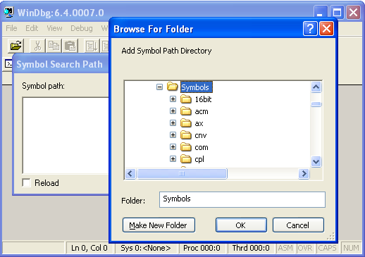 WinDbg, Windows debugger: Selecting the C:\Symbols as the Symbol File Path