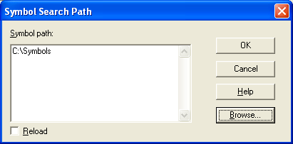 WinDbg, Windows debugger: The Symbol File Path has been set to the local C:\Symbols directory