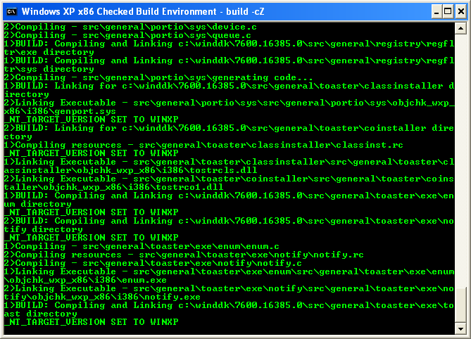 Verifying the WDK Installation: The Build Environment for Win XP in progress 1