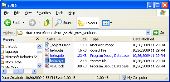 Using WDK for building Windows device driver: The generated driver file, hello.sys