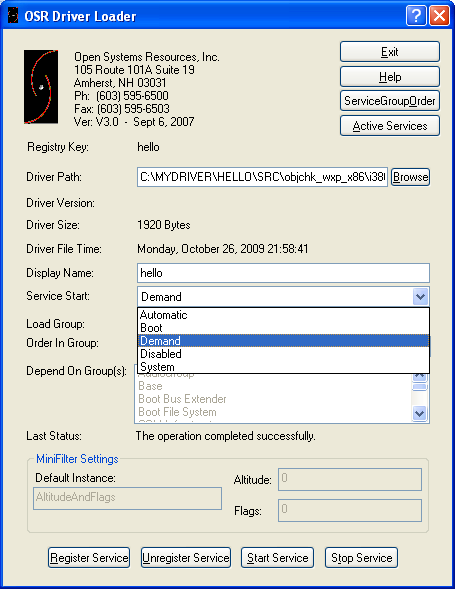 WDK registering and installing Windows device driver, osrloader: device driver service startup type
