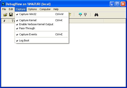 WDK registering and installing Windows device driver: The DebugView tool, setting the Capture options