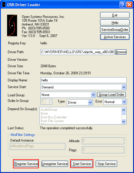 WDK registering and installing Windows device driver: Re-running the osrloader tool - register and start the Windows device driver/service