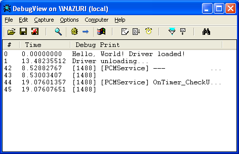 WDK registering and installing Windows device driver: DebugView in action