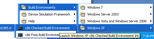 Building the Windows device driver - Print device driver sample code: Invoking the x86, Win XP build environment