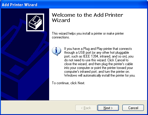 Installing the Windows printer device driver steps: The Add new printer wizard launched with welcome page