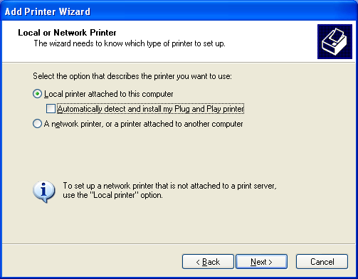Installing the Windows printer device driver steps: selecting the printer port