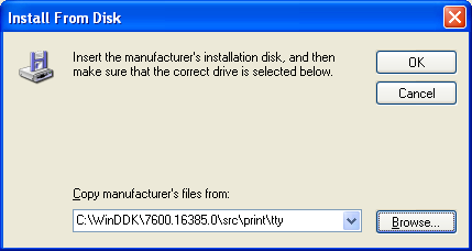 Installing the Windows printer device driver steps: The selected printer driver file and path