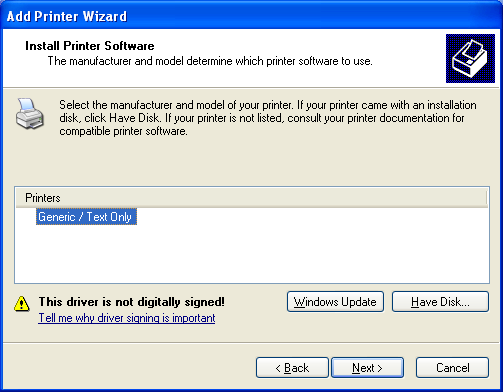 Installing the Windows printer device driver steps: The manufacturer and model selection with the message said the driver is not digitally sign by Microsoft