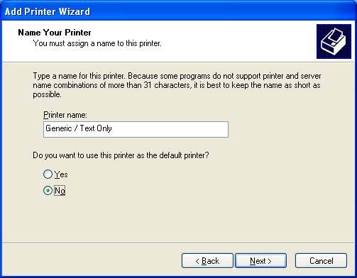 Installing the Windows printer device driver steps: Setting the printer name and not the default printer
