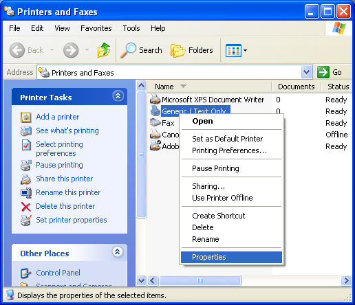 Installing the Windows printer device driver steps: Invoking the printer properties page