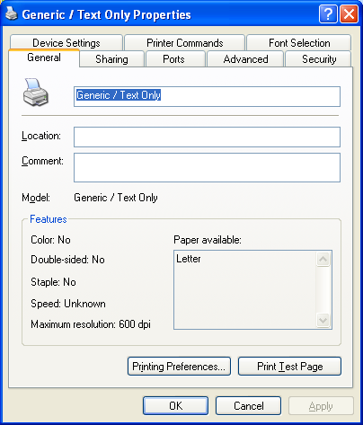 Installing the Windows printer device driver steps: the printer properties page seen as normal or typical icon