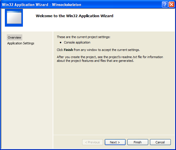 Windows Socket (Winsock2) Programming and C Language: new project wizard overview page