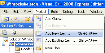 Windows Socket (Winsock2) Programming and C Language: adding new item, source code file to the existing Visual C++ project