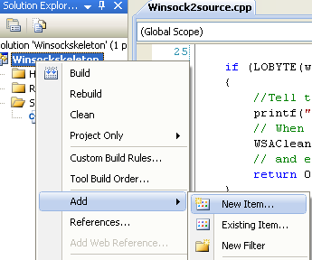 Windows Socket (Winsock2) Programming and C Language: invoking the Add New Item from the Visual C++ Solution explorer