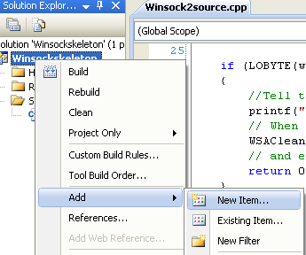 Windows Socket (Winsock2) Programming and  C Language: invoking the Add New Item from the Visual C++ Solution explorer