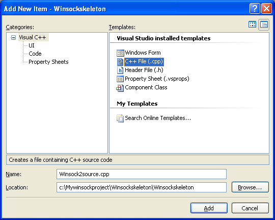 Windows Socket (Winsock2) Programming and C Language: selecting and adding the C++ File templates