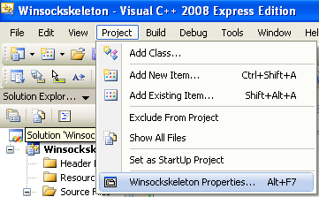 Windows Socket (Winsock2) Programming and C Language: invoking the Visual C++ project property page