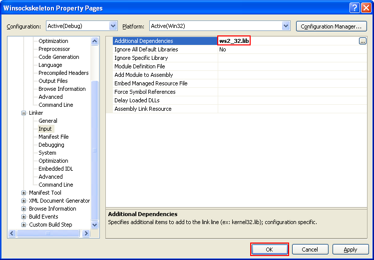 Windows Socket (Winsock2) Programming and C Language: the added additional dependencies which is a Winsock2 library