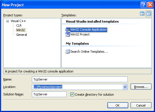 Windows Socket (Winsock2) Programming and  C Language: creating a new Win32 console application project