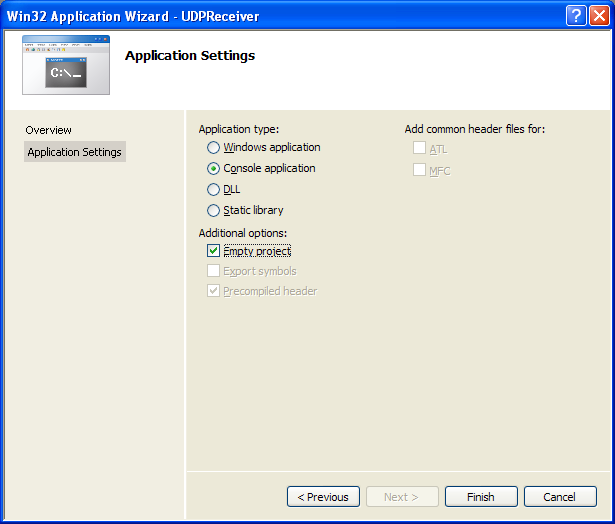 The UDP connectionless select Winsock2 and C program: selecting an empty project for the Win32 console mode application